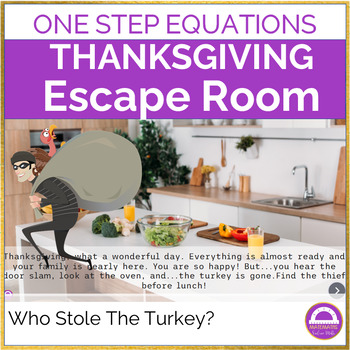 Preview of Thanksgiving Math Digital Escape Room One Step Equations | Who Stole the Turkey?