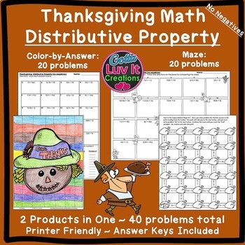 Preview of Thanksgiving Math Distributive Property No Negatives Fall Math Bundle