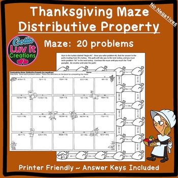 Preview of Thanksgiving Math Distributive Property No Negatives Math Maze 