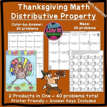 Preview of Thanksgiving Math Distributive Property With Negatives Maze & Color Bundle