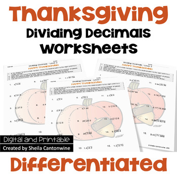 Preview of Thanksgiving Math Dividing Decimals Worksheets - Differentiated