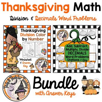 Preview of Thanksgiving Math Division and Decimals Word Problems Stations BUNDLE