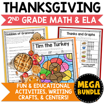 Preview of Thanksgiving Math & ELA Activities Mega Bundle - Worksheets Turkey Craft Centers