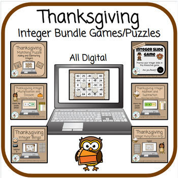 Preview of Thanksgiving Math - Integer Bundle of 6 Games/Puzzles