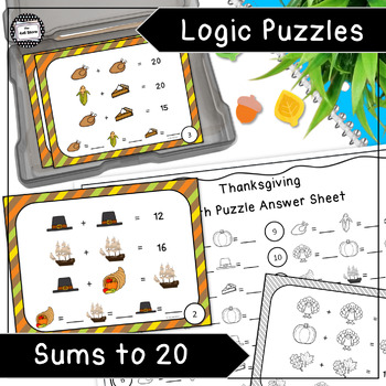 Preview of Thanksgiving Math Logic Puzzle Enrichment Activity Addition Sums to 20