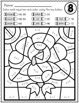 THANKSGIVING MATH | Multiplication Color by Number Worksheets by Kim Heuer