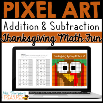 Preview of Thanksgiving Math Pixel Art for Google Sheets™ - Addition & Subtraction Bundle