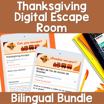 Preview of Thanksgiving Math Puzzle Digital Escape Room Bilingual Bundle Spanish & English