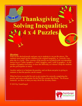 Preview of Thanksgiving Math Puzzle - Solving Inequalities