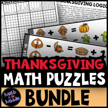 Preview of Thanksgiving Math Puzzles Mini Bundle - Middle School Thanksgiving Math