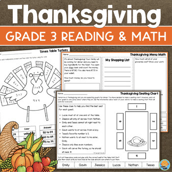 Preview of 3rd Grade THANKSGIVING Math & Reading Worksheets No Prep Activities