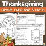 3rd Grade THANKSGIVING Math & Reading Worksheets No Prep A
