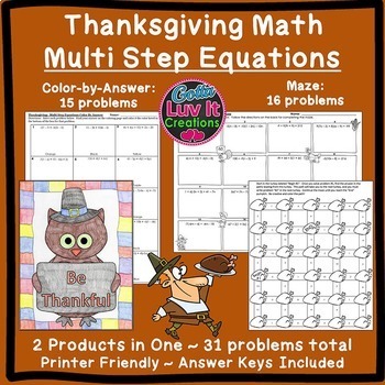 Preview of Thanksgiving Math Solving Equations Multi-Step Equations Maze & Color Bundle