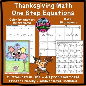 Preview of Thanksgiving Math Solving Equations One Step Equations Maze & Color Bundle