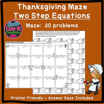 Preview of Thanksgiving Math Solving Equations Two Step Equations Math Maze