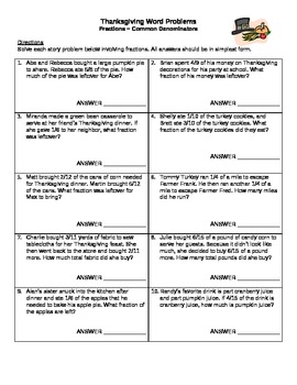 Preview of Thanksgiving Math Story Problems - Fractions