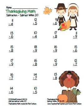 “Thanksgiving Math” Subtract Within 20 Common Core Subtraction Fun ...