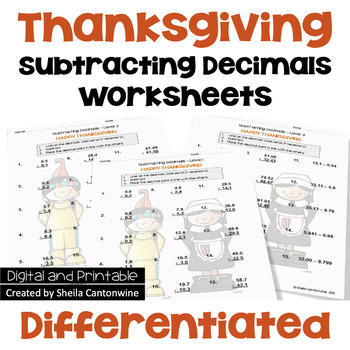 Preview of Thanksgiving Math Subtracting Decimals Worksheets - Differentiated
