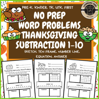 Preview of Thanksgiving Math Subtraction Word Problems November PreK Kindergarten First TK