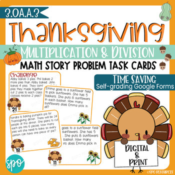 Preview of Thanksgiving Math Word Problem Task Cards Multiplication & Division- Fall Themed