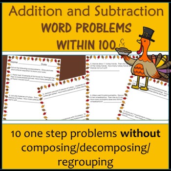 Preview of Thanksgiving Math Word Problems Addition and Subtraction Mix Under 100