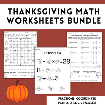 Preview of Thanksgiving Math Worksheets BUNDLE! Fractions, Logic Puzzles and MORE!