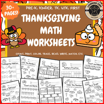 Preview of Thanksgiving Math Worksheets No Prep Turkeys PreK Kindergarten First TK UTK