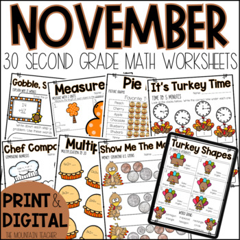 Preview of Thanksgiving Math Worksheets - 30 No Prep 2nd Grade November Math Activities