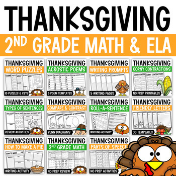 Preview of 2nd Grade Thanksgiving Math & ELA Worksheets | 2nd Grade Thanksgiving Worksheets