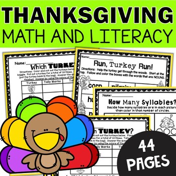 Preview of Thanksgiving Math and ELA Worksheets - November Activities Grammar 1st 2nd Fun