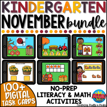 Preview of Thanksgiving Math and Literacy Centers Kindergarten Boom Cards