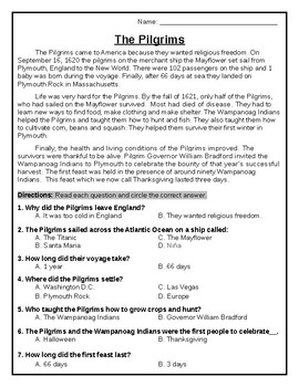 Preview of Thanksgiving Mayflower Passage and Quiz (Editable)