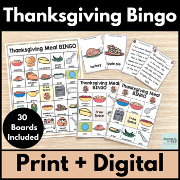Preview of Thanksgiving Meal Bingo Game with Riddles or Inference Clues for Language