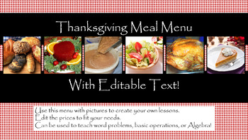 Preview of Thanksgiving Meal Menu with Pictures & Editable Text