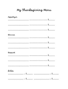 Preview of Thanksgiving Menu Activity