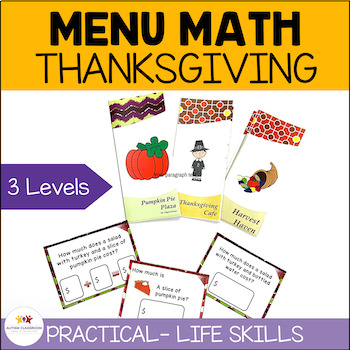 Preview of Thanksgiving Menu Math Money Task Cards for Special Education and Autism