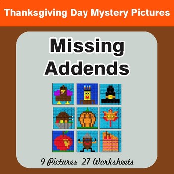 Thanksgiving: Missing Addends - Color-By-Number Math Mystery Pictures