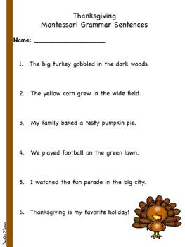 Preview of Thanksgiving Montessori Grammar Sentences