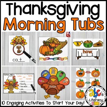 Preview of Thanksgiving Morning Tubs for Kindergarten November ELA & Math Morning Work Bins