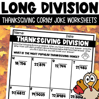 Preview of Thanksgiving Multidigit Long Division Corny Joke Printable Practice Pages
