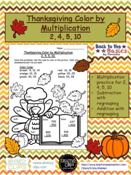 Preview of Thanksgiving Multiplication Color By Number 2, 4, 5, 10