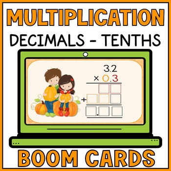 Preview of Thanksgiving Multiplying Decimals Boom Cards - Multiplication Scaffolded Visuals