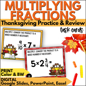 Preview of Thanksgiving Multiplying Fractions & Mixed Numbers Task Cards - Review Activity