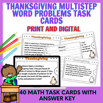 Preview of Thanksgiving Multistep Word Problems Task Cards - Thanksgiving Math