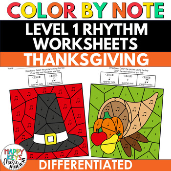 Preview of Thanksgiving Music Coloring Pages - Color by Note Rhythm Worksheets Level 1