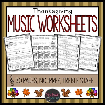 Thanksgiving Music Worksheets - Treble Staff by Mootown Music | TPT