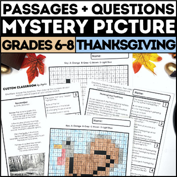 Preview of Thanksgiving Mystery Picture with Reading Comprehension Passages & Questions