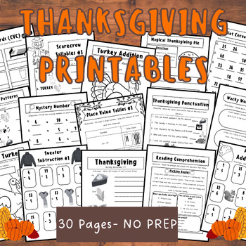 Preview of Fall/Thanksgiving NO PREP Math & Literacy Packet (30 Pages) |1st Grade|Holiday