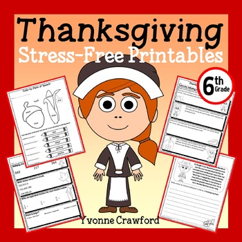 Preview of Thanksgiving NO PREP Printables 6th Grade | Math and Literacy Skills Review