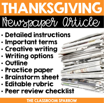 Preview of Thanksgiving Newspaper Article (creative writing, template, & editable rubric)